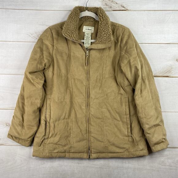 LL Bean Jacket Womens S Petite Brown Goose Down Faux Fur/Suede Parka Coat Sherpa - Picture 1 of 11